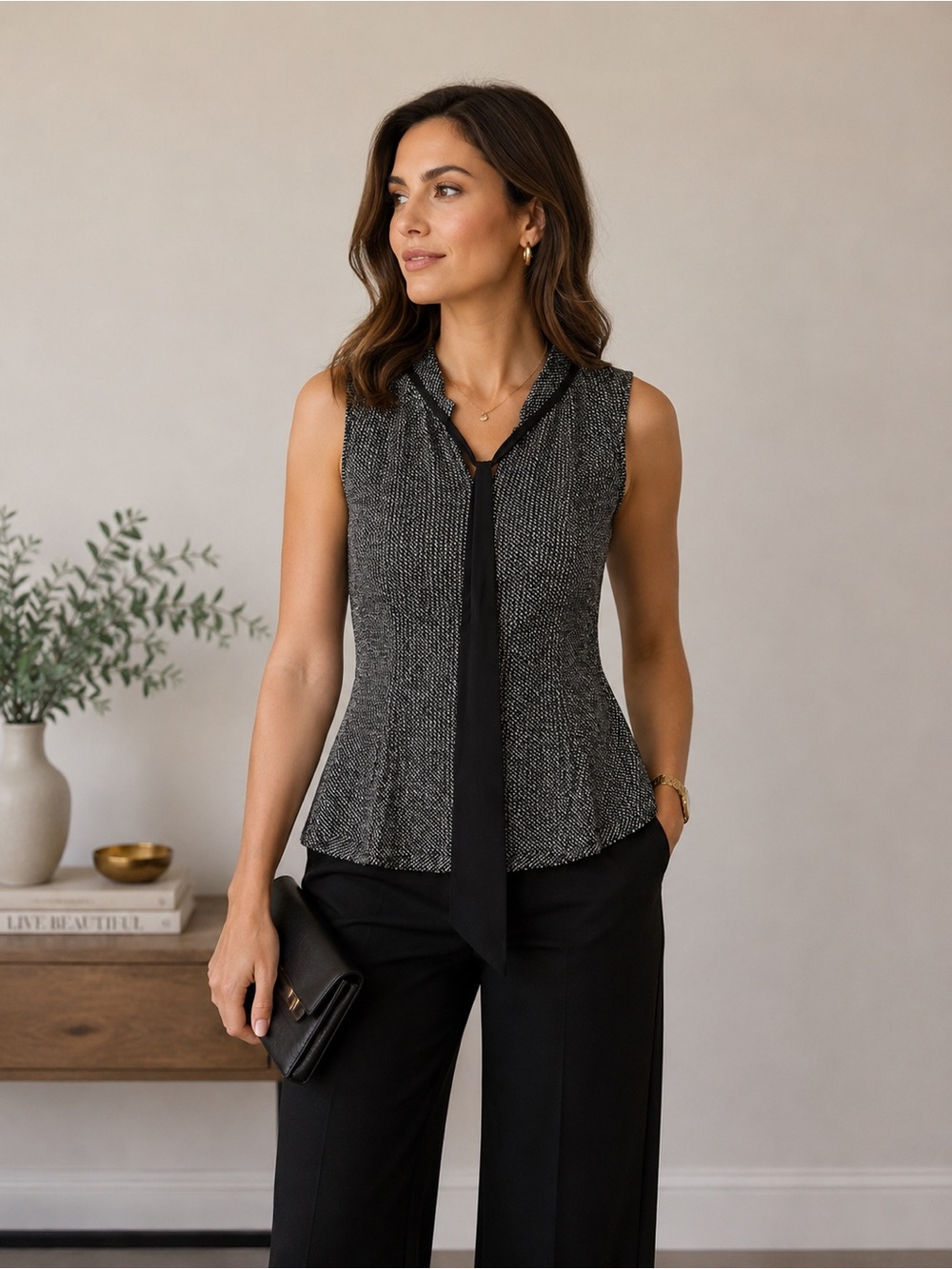 DKNY Tie Neck Sleeveless Pleated Top Career Office Chic Size L
